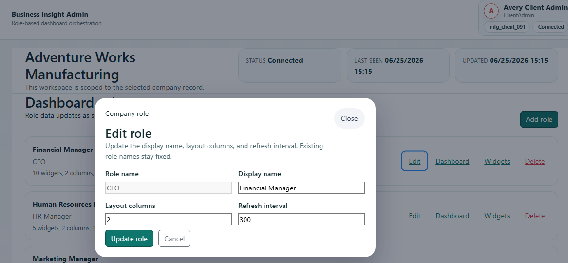 BusinessInsight edit role screen