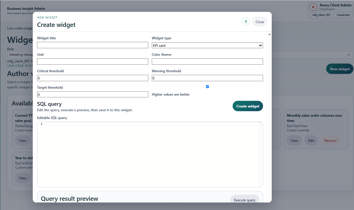 BusinessInsight new widget definition screen