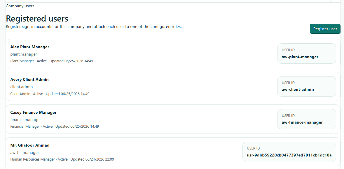 BusinessInsight user registration under roles screen