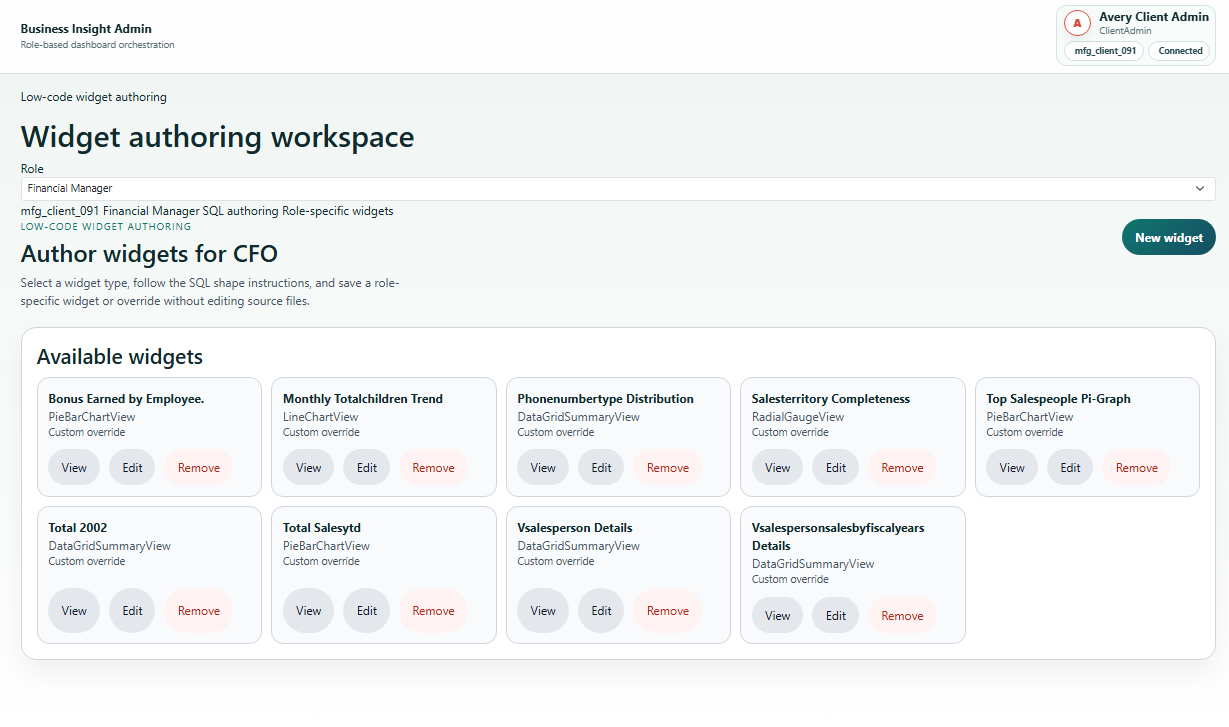 BusinessInsight widget workshop screen
