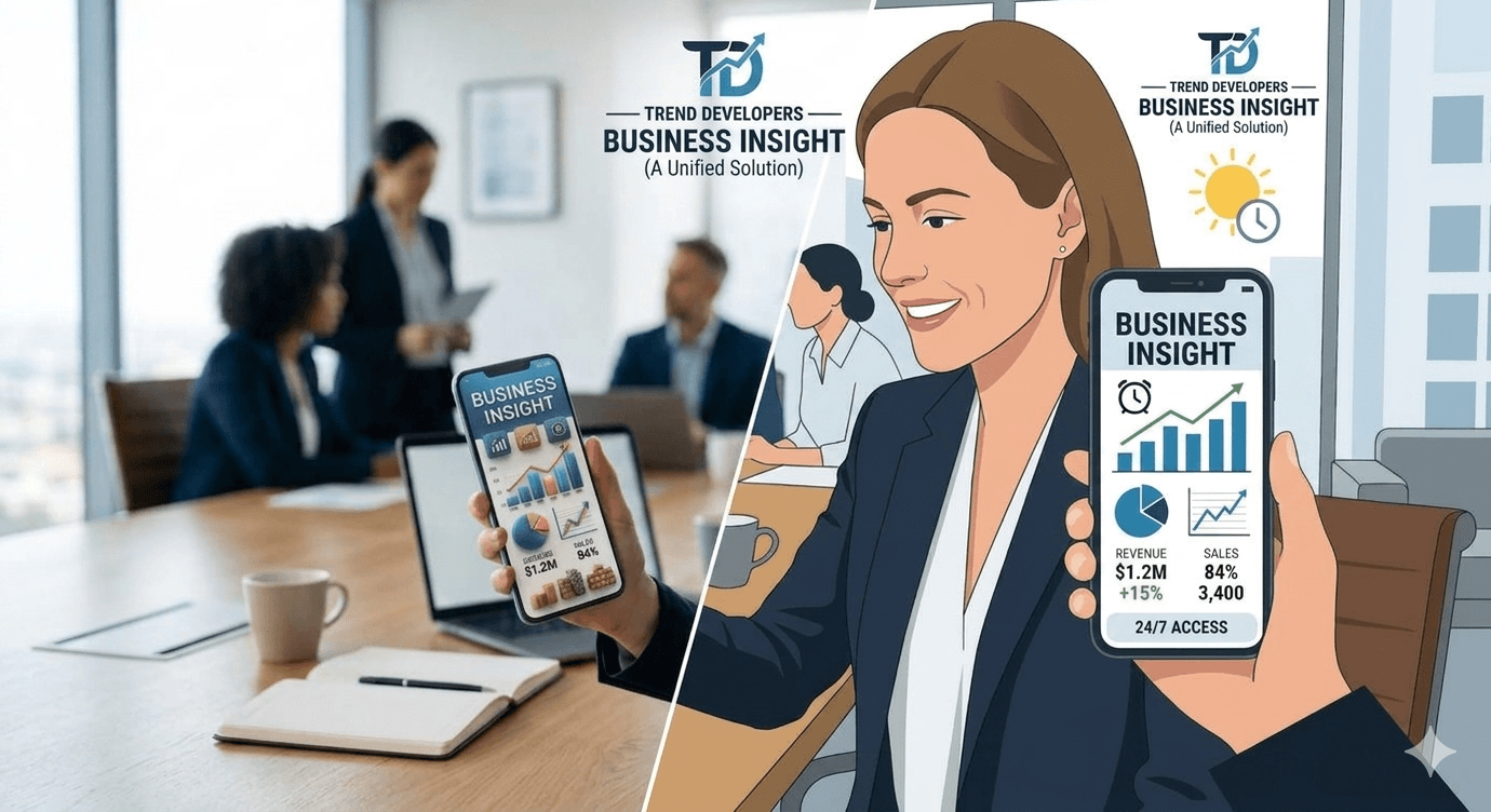 BusinessInsight mobile reporting dashboards shown in office and vector views