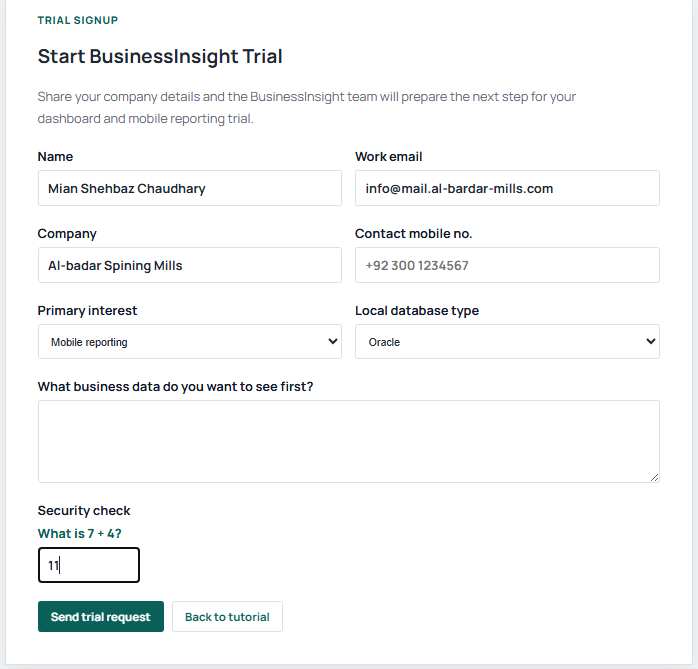 Updated BusinessInsight trial signup form with company registration fields