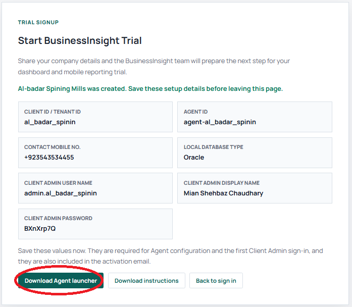 BusinessInsight trial success page showing Tenant ID, Agent ID, and admin credentials