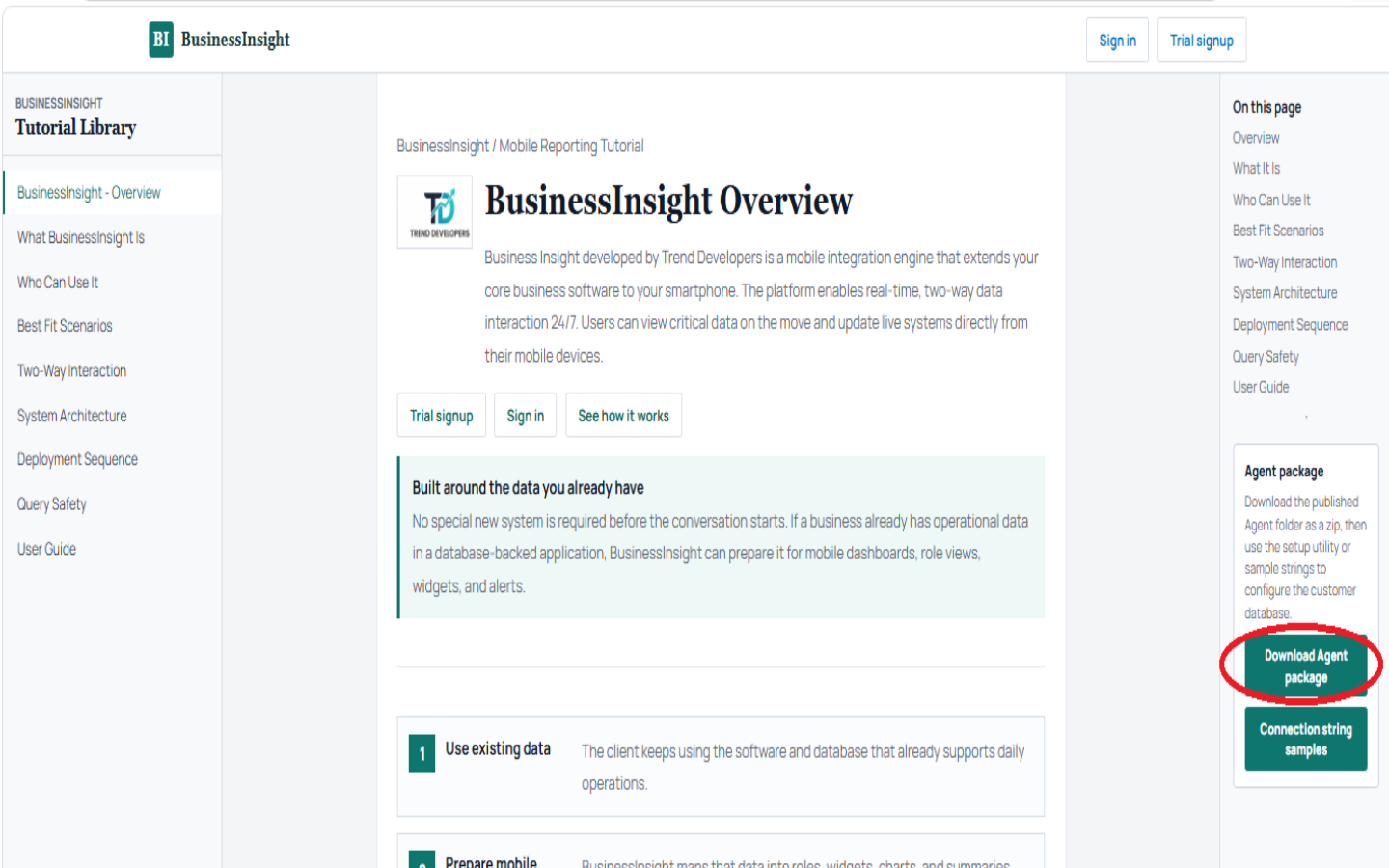 BusinessInsight page showing Agent package download link