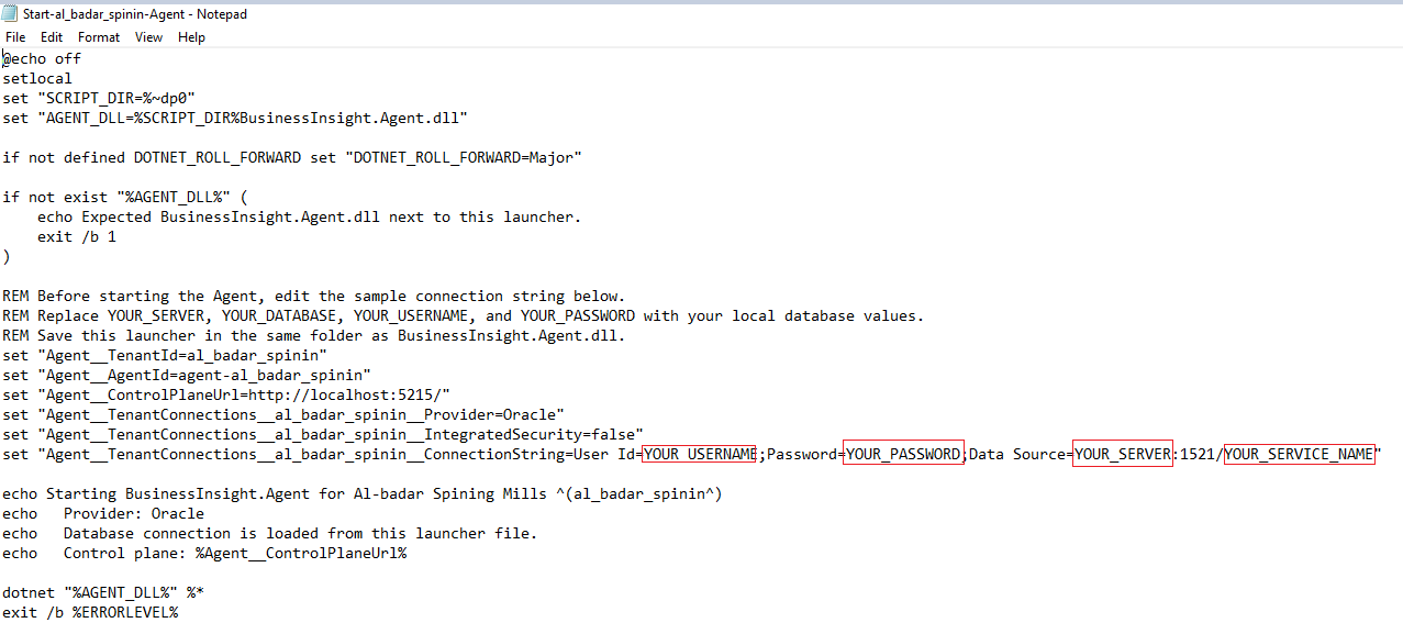 Agent launcher file open in Notepad with connection string line