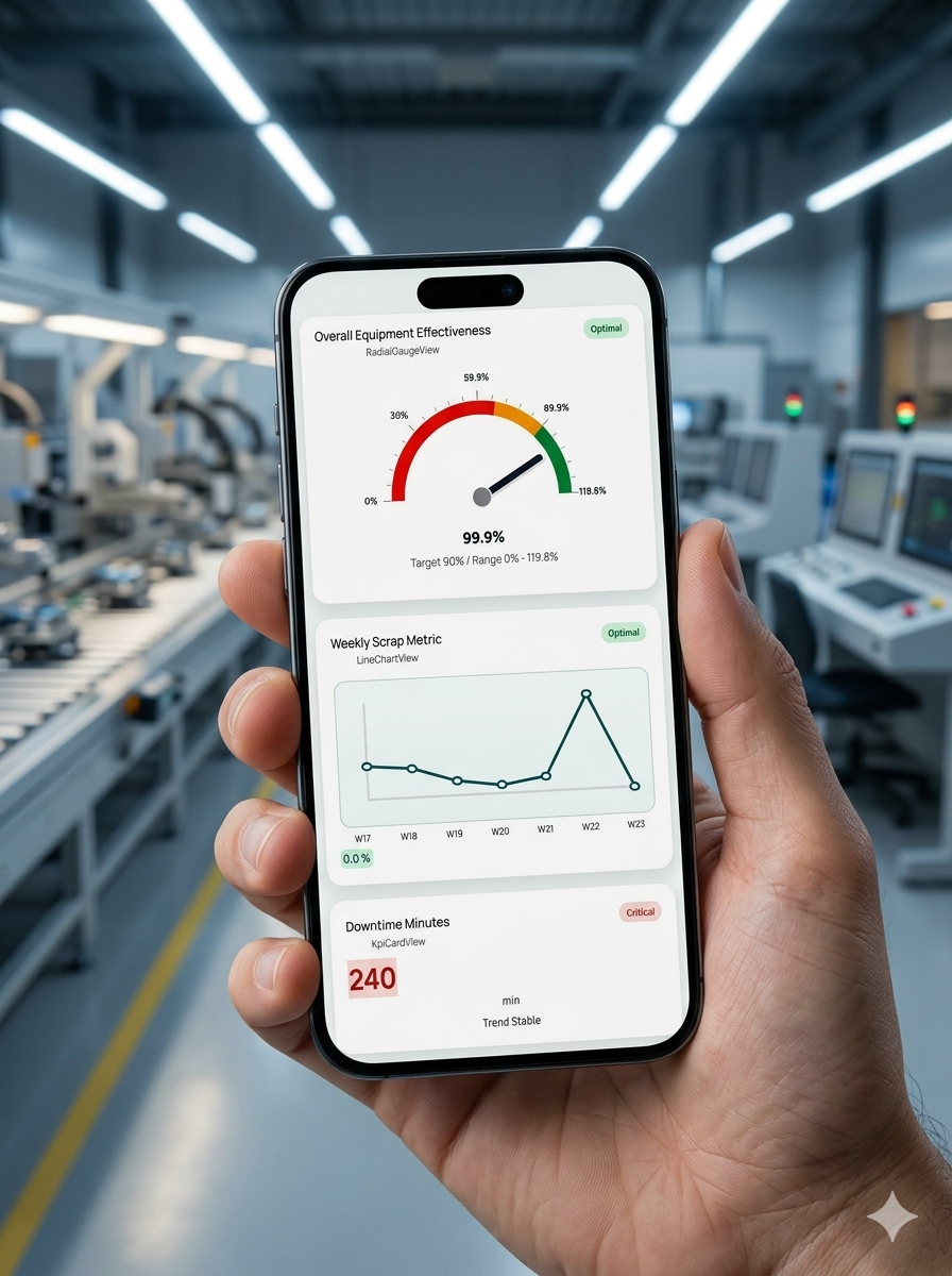 Production dashboard with plant output and manufacturing KPI widgets