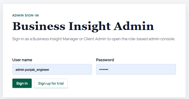 BusinessInsight client admin sign-in screen